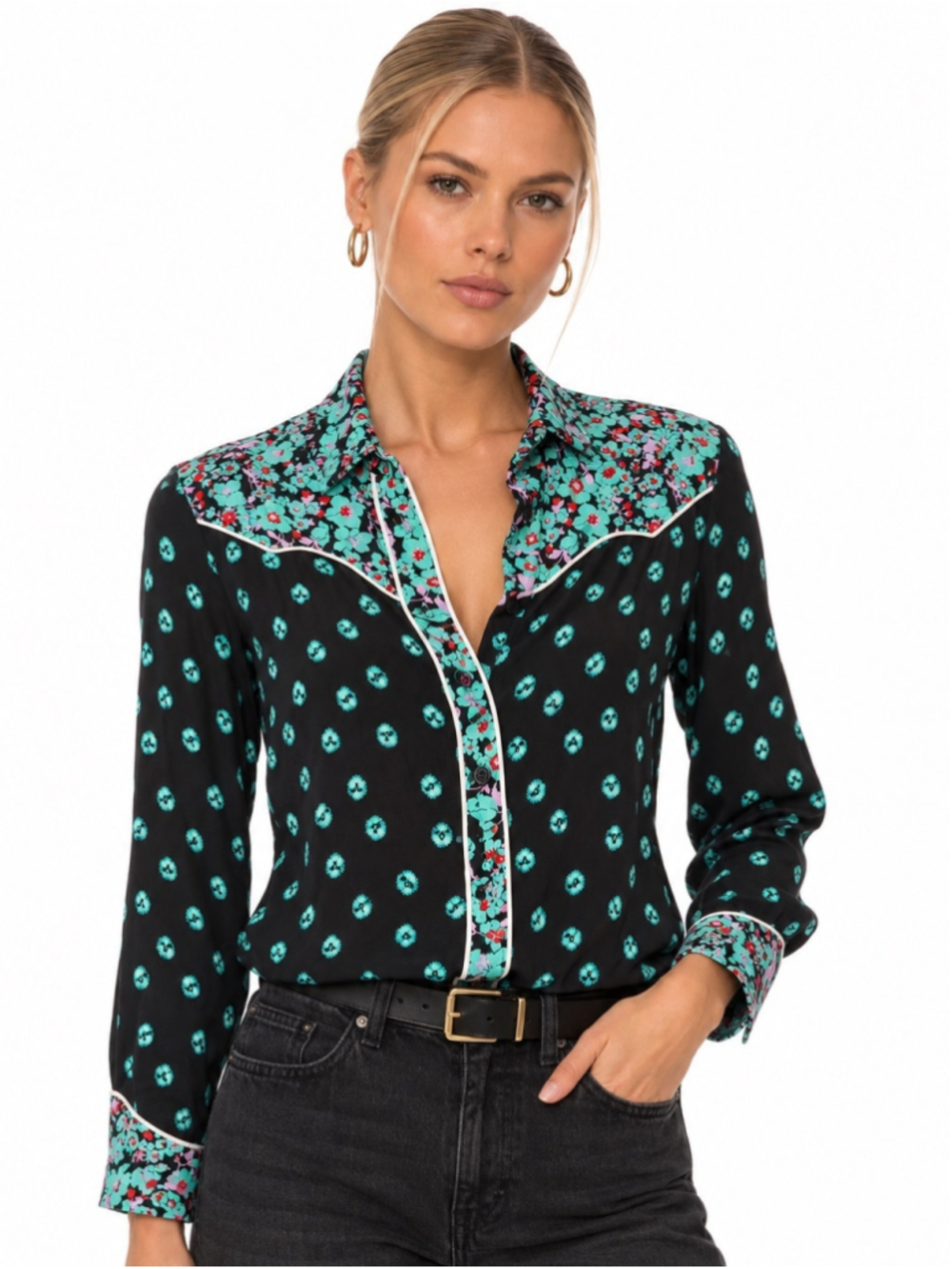 Maje Black Turquoise Floral Western Yoke Button Down Blouse Size 1 Small